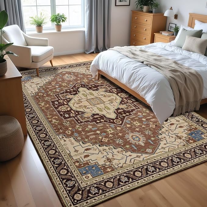 Macgace 4x6 Mousse Brown Area Rug for Living Room, Machine Washable Rugs with Non-Slip Backing for Bedroom, Vintage Medallion Carpet Kitchen Laundry Kids Room Decor