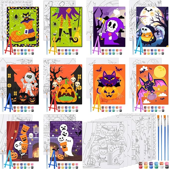 Blosssound 10 Set Halloween Pre Printed Canvas Witch Pre Drawn Canvas Painting with Easel Kits 5" x 7" Outline Painting Panels for Beginners, DIY Craft Project, Party Favor, Home Decors(Pumpkin Witch)
