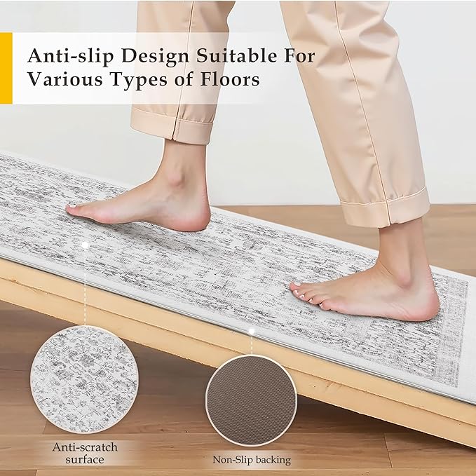 Kitchen Mats 2PCS Anti Fatigue Cushioned Mat Black Vintage Kitchen Mats for Floor Waterproof Non Slip Comfort Standing Retro Floral Rug for Sink Laundry Office 17.3"x59"+17.3"x30"