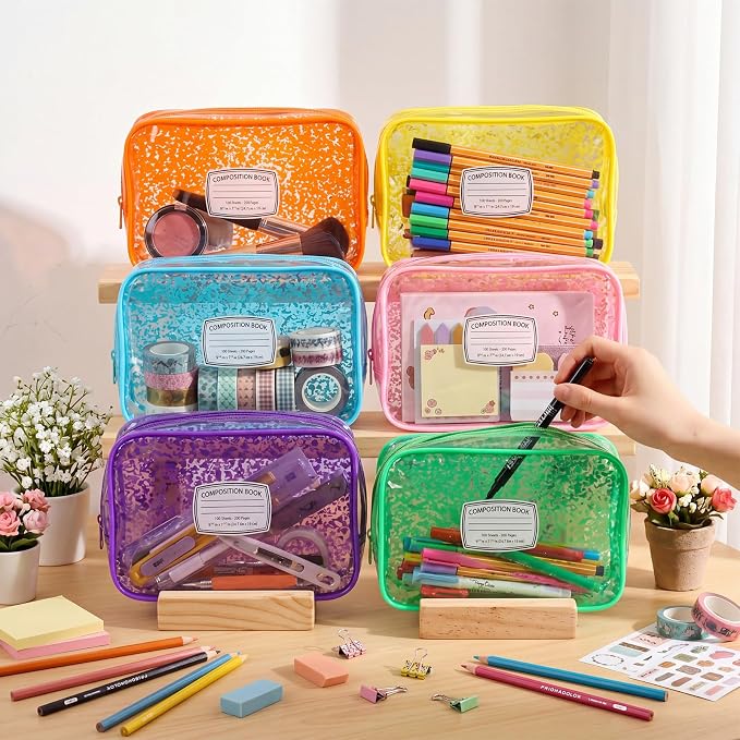 Suclain 12 Pack Back to School Gift for Teacher, Colorful Composition Book Theme PVC Zipper Organizer Pouches, 7.9 × 5.9 × 2.4 in Storage Bags for Classroom Rewards Teacher Student Gift