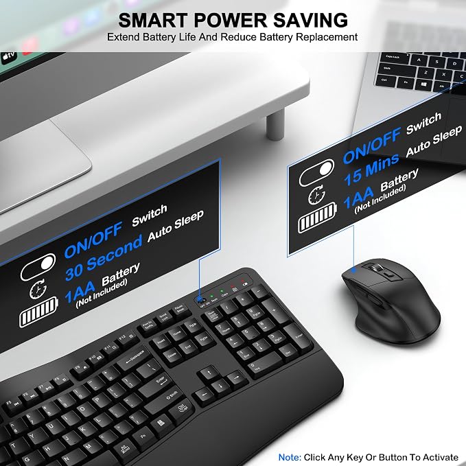 Wireless Keyboard and Mouse Combo, 2.4G Full Size Wave Keys Ergonomic Keyboard with Wrist Rest and 3-Level DPI Adjustable Wireless Ergonomic Mouse for Windows, Mac OS Desktop/Laptop/PC(Black)
