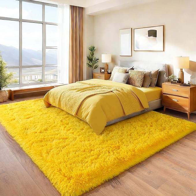 Area Rugs for Living Room Bedroom 9x12, Ultra Fluffy Shag Rug Modern Washable Carpet Soft Shaggy Non Slip Indoor Plush Fuzzy Rugs for Bedroom Dorm Office Home Aesthetic Decor, Yellow