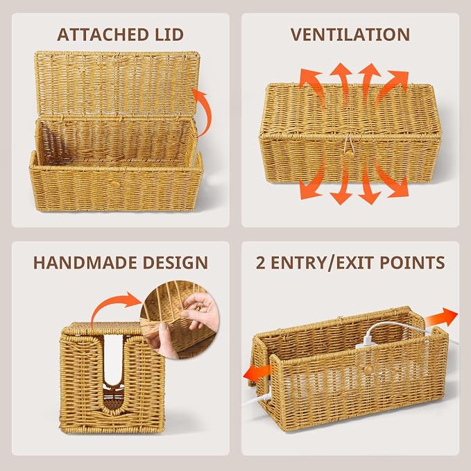 Cable Management Box, Handwoven Synthetic Rattan Cable Organizer, 2 Side Open Slots Cords Hider Box, Under Desk Cord Organizer for USB Wire, TV PC Charger & Power Strip, Natural