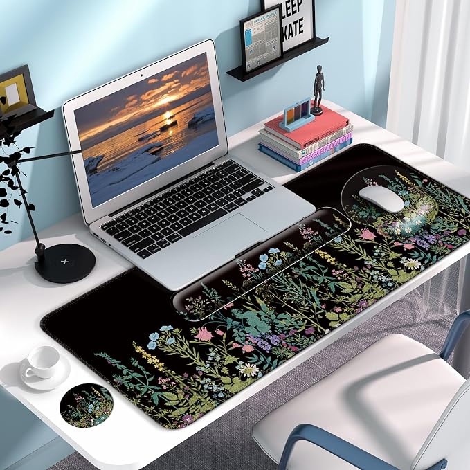 Desk Mat Set Keyboard and Mouse Pad with Wrist Rest Support | Ergonomic,Pain Relief, 4-in-1 Large Big Mousepad Computer Mats,Desk Pad Matt Mats for Desktop Home & Office