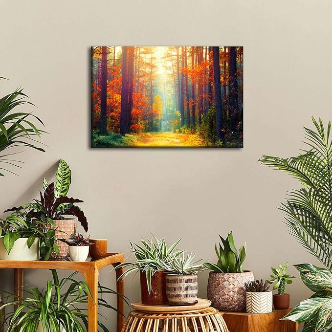 Fall Forest Canvas Wall Art Autumn Tree Scenery Wall Decor for Living Room Bedroom Nature Landscape Pictures Sunshine Orange Maple Leaves Painting Prints Artwork Dining Room Home Decorations 12x16”