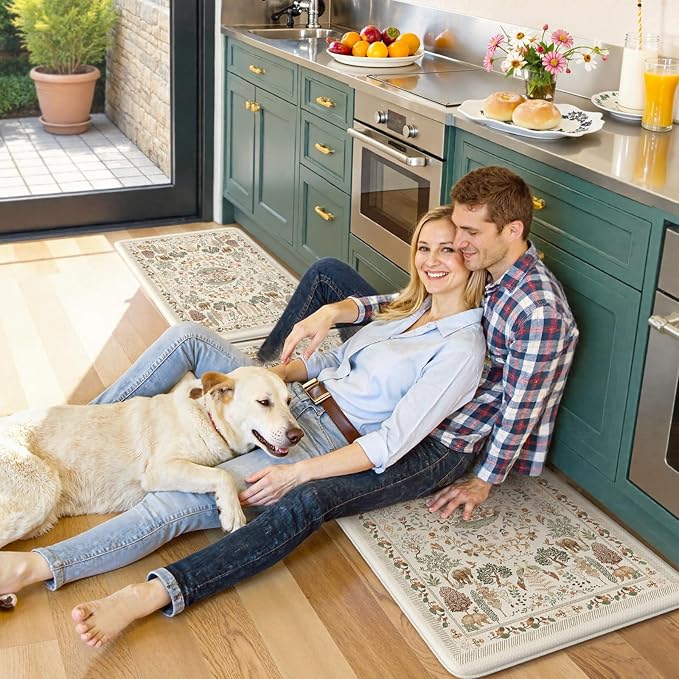 KIMODE Anti Fatigue Kitchen Mats 20"x47"+20"x32", Boho Memory Foam Kitchen Floor Mats Non Slip, Beige Kitchen Mats for Floor, Waterproof Standing Mats for Laundry Office Sink Desk