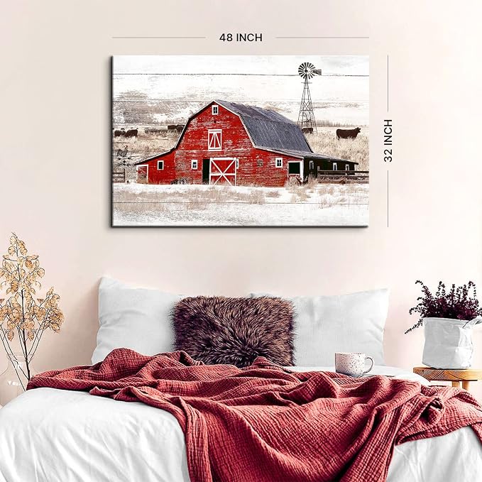 Large Country Barn Wall Art Farmhouse Wall Decor for Kitchen Dining Room Rustic Home Red Barn Windmill Landscape Painting Vintage Highland Cow Animal Poster Artwork Cabin House Decorations 32x48”