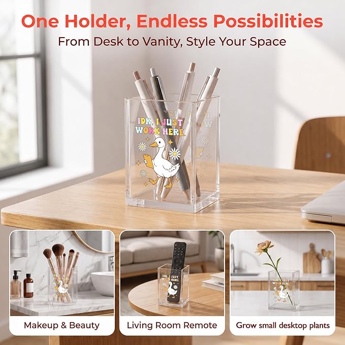 Funny Goose Acrylic Cosmetic Pen Pencil Holder Cup, I Just Work Here Pencil Organizer, Cute Unique Office Desk Accessories, Humorous Sarcastic Gifts for Women Boss Colleague Teacher（A02）