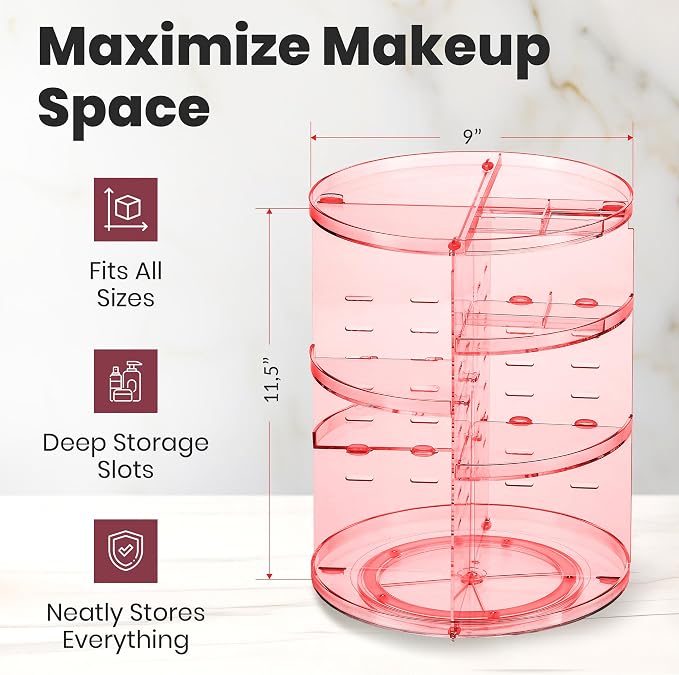 Masirs 360 Rotating Makeup Organizer Countertop, Adjustable Shelf, Pink | 360-Degree Rotating Makeup Organizer, Adjustable Shelf Height, Cosmetic Perfume Skincare Storage, Vanity Countertop, Pink