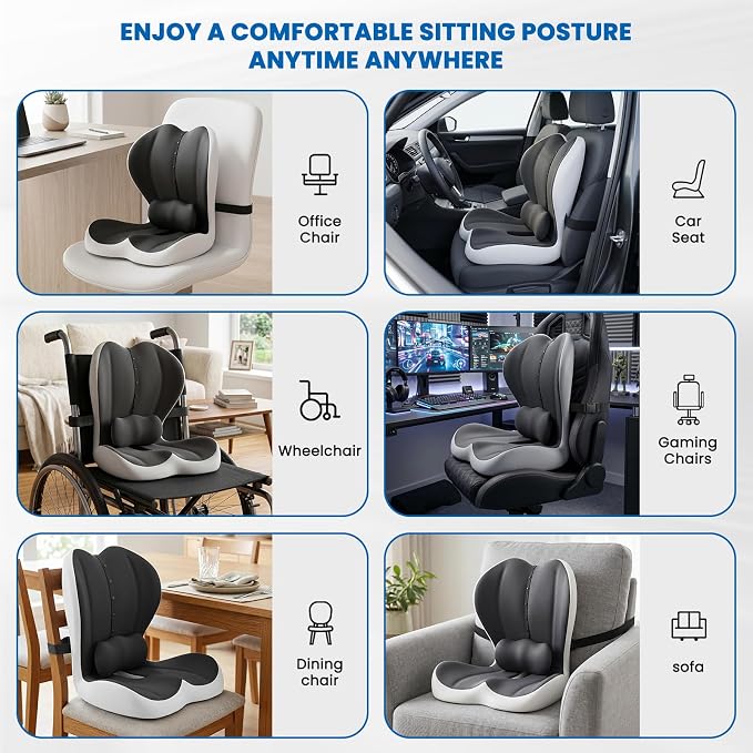 Large Car Seat Cushion with Lumbar Support Pillow for Long Sitting | Hollow Design for Coccyx, Reducing Sciatica Pressure, Tailbone & Lower Back Comfort, Memory Foam Cushion, Non-Slip for Chair