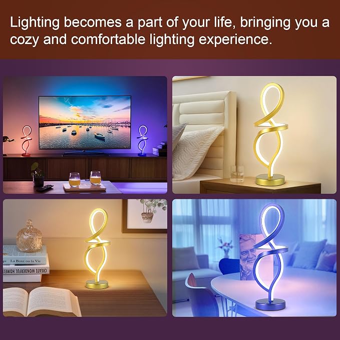 Mayful Modern RGB Table Lamp with 15W LED Unique Spiral Design, Gold Small Nightstand Lamp & Bedside Lamps, Touch Dimmable with 7 Colors & 10 Modes for Bedroom, Living Room, Home Office
