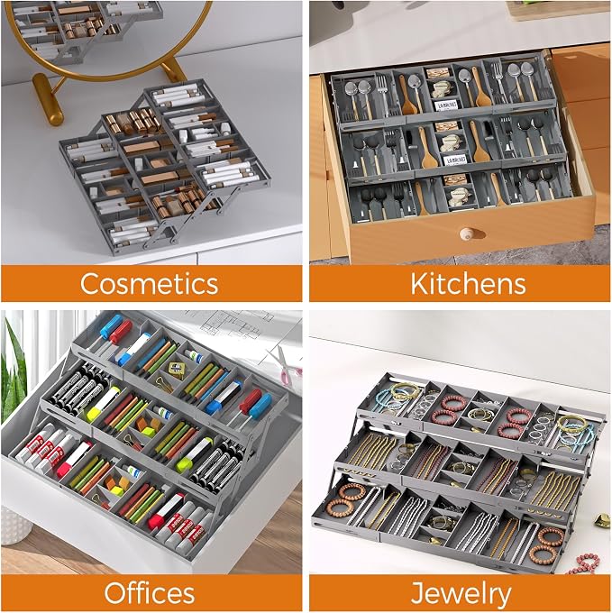 3 Tier Drawer Organizer Versatile Expandable Junk Drawer Organizer Grey | Multi-level Desk Organizer for Makeup, Jewelry, Cosmetics, Kitchen Storage, Smart Office Supply Drawer Storage for Gifts