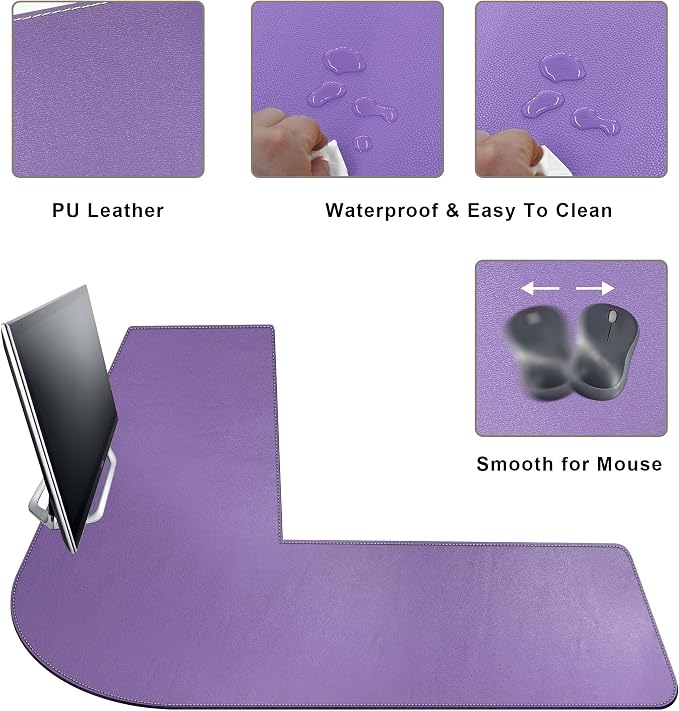 Mydours L-Shape Desk Mat, 46" x 46" x 16" Extra Large PU Leather Corner Desks Pad Blotter, XXL Corners Waterproof Gaming Mouse Pad, Desktop Protector for Computer Keyboard Home Office (Purple)
