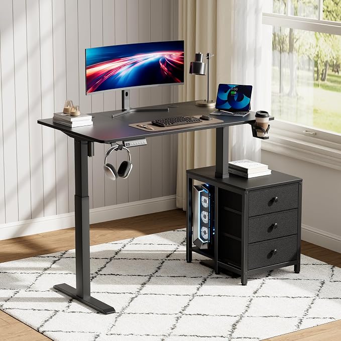 REAHOME 47 Inch Black Electric Height Adjustable Standing Desk with Drawers | Dual Motor Sit-Stand Frame With 3 Memory Presets, Printer Cabinet, Hooks & Cable Management For Home Office Gaming Desk