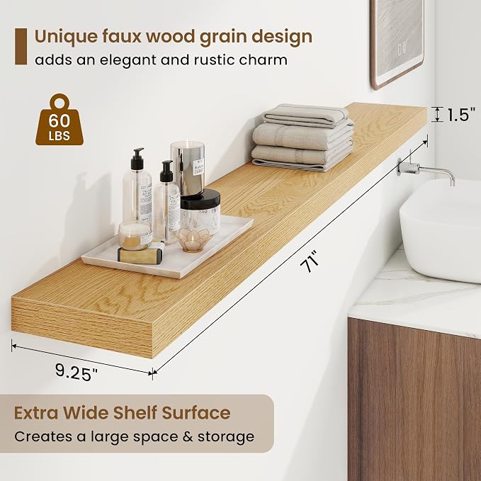 Marsmiles 55in Floating Shelves for Wall, 72" W x 9.25" D x 1.5" H, Long Wall Mounted Engineered Wood Shelves with Invisible Brackets for Living Room, Bedroom, Bathroom, Kitchen, Oak, 2Pcs