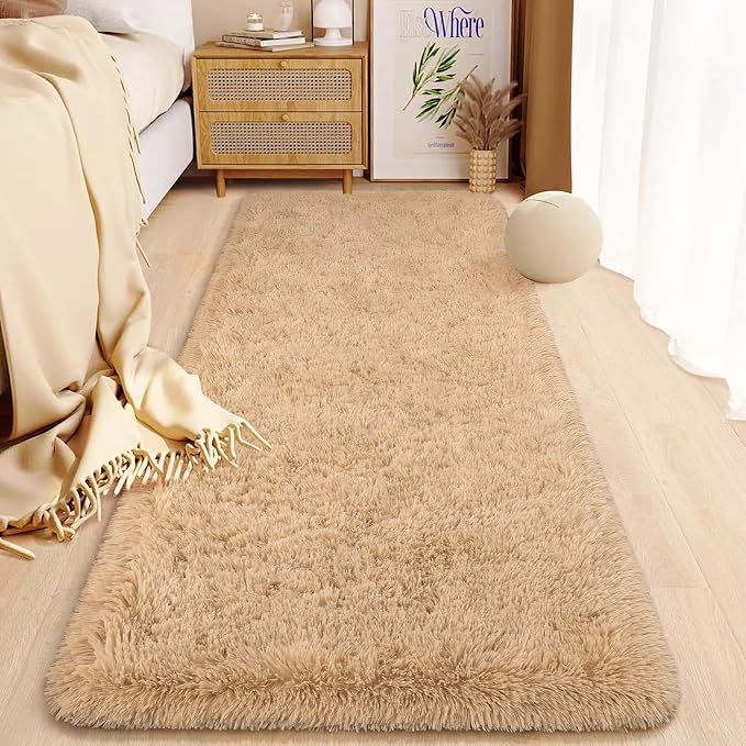 HOMORE 2x6 Runner Rugs for Bedroom, Light Tan Runner Rug for Hallway Entryway Laundry, Modern Shag Bedroom Runner Cute Carpets for Kids Dorm Bedside