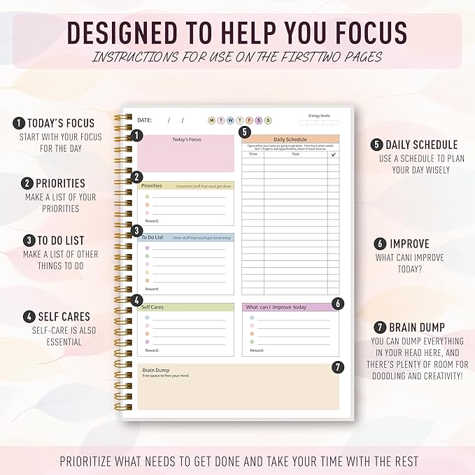 ADHD Planner for Women，Daily Productivity Planner with Task Management Organizer for Neurodivergent Adult,Teens , Self-Cares, Daily Schedule,To-Do List,Brain Dump,ADHD Journal with Cardboard Cover to Stay Organized and Focused (Colorful Leaves)
