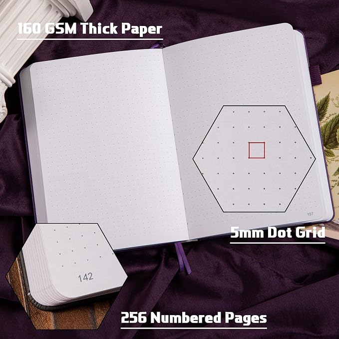 TIEFOSSI Dotted Journal Notebook, 160gsm 256 Numbered Thick Paper, A5 Hardcover Dotted Grid Diary for Women Men Work Writing, Journaling, Drawing, 5.8 x 8.3 in