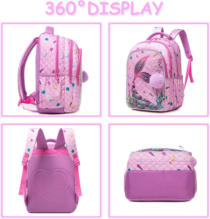 Mermaid Backpack for Girls Backpacks for School Girls 6-12 Travel Backpack for Kids with Lunch Bag Pencil Case Kids Backpacks for Elementary Primary Students