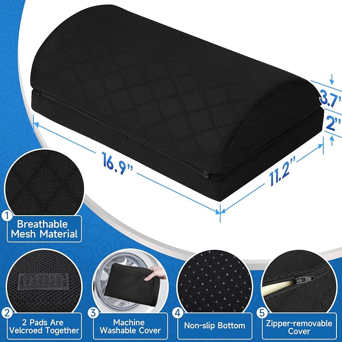 CushZone Foot Rest for Under Desk at Work Adjustable Foam for Office and Home, Office Desk Accessories，Comfortable Footrest with 2 Adjustable Heights，Back & Hip Pain Relief (Black-16.9 in)