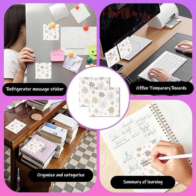 Sticky Notes 3x3 Inches, 2 Pads Cute Colorful Self-Stick Note Pads, Easy to Post for Home, Office and Daily Life Organization Cute Pink Flowers