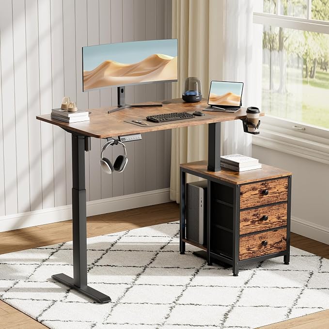 REAHOME 47 Inch Rustic Brown Height Adjustable Standing Desk with Drawers | Dual Motor Sit-Stand Frame With 3 Memory Presets, Printer Cabinet, Hooks & Cable Management For Home Office Gaming Desk