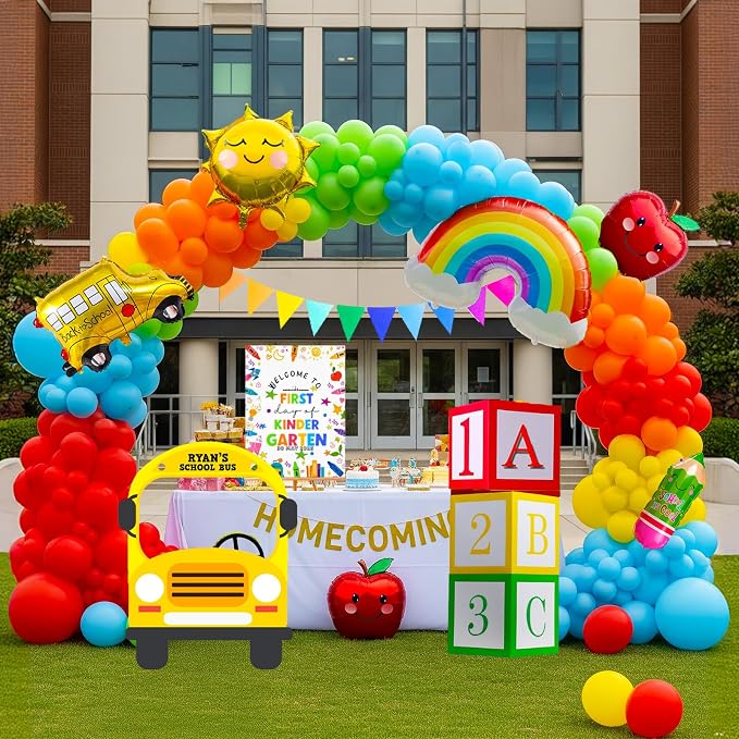 Preschool graduation party decorations Kit with cartoon Theme primary color Balloon and ABC123 Box rainbow sun apple balloon for kid Sesame Friends birthday Kindergarten pre k back to school supplies