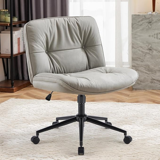 Sweetcrispy Armless-Office Desk Chair with Wheels, Cross Legged Wide Chair, PU Leather Comfortable Adjustable Swivel Computer Task Chairs for Home,Office,Make Up,Small Space,Bed Room Grey