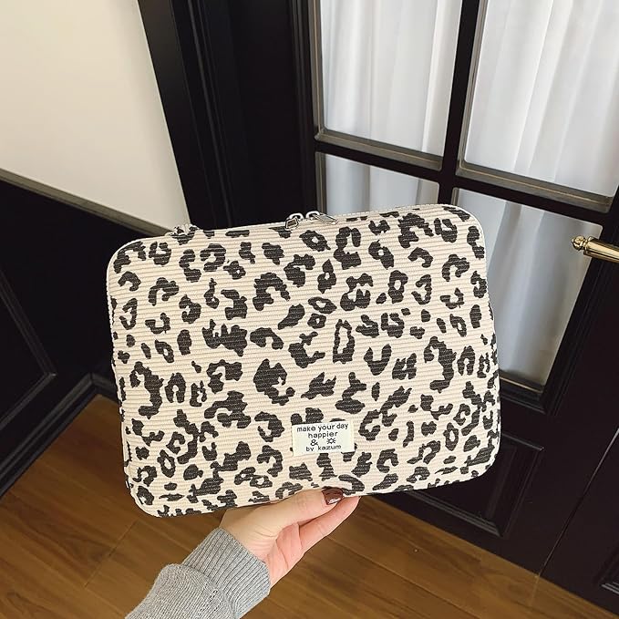 Leopard Print Laptop Case 11, 13,15 Inch Quilted Laptop Sleeve Soft Protective Cheetah Computer Sleeve for MacBook (Beige, with Strap, 11 Inch)