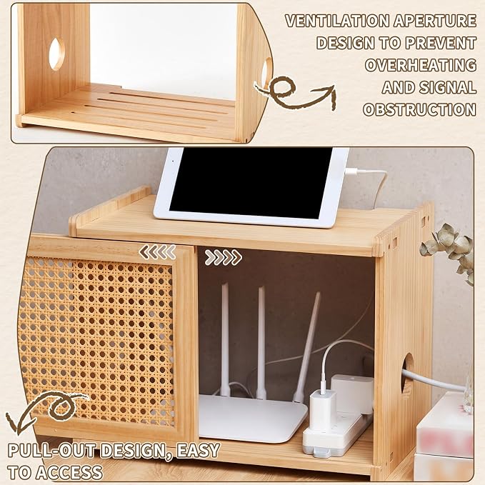 Wi-Fi Router Box Hider, Wi-Fi Router Storage Box with Synthetic Rattan Decor, Modem Cable Cover Organized, Power Strip Cable Hider Rack(Natural Wood Color,16 x 10.4 x 12 Inches,Wood)