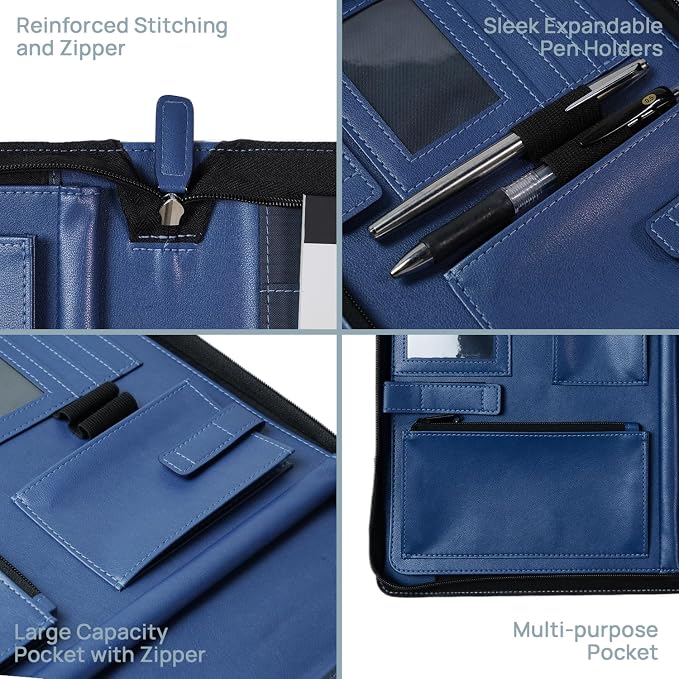 POPRUN Portfolio Organizer with Handle, PU Leather Padfolio Binder Including 50 Page Writing Pad, Document Tablet Business Card Storage Folder for Office Conference, Blue