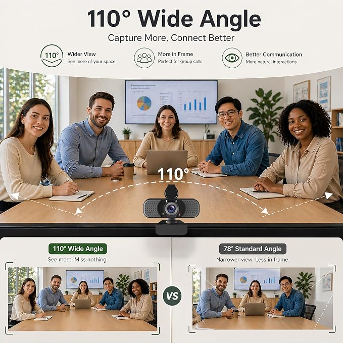 Full HD 1080P Webcam with Microphone, Noise-Canceling, Privacy Cover, Wide-Angle Lens, Auto Light Correction, Plug & Play USB Web Camera for Laptop, Desktop, PC, Mac, Zoom, Skype – Pro Series