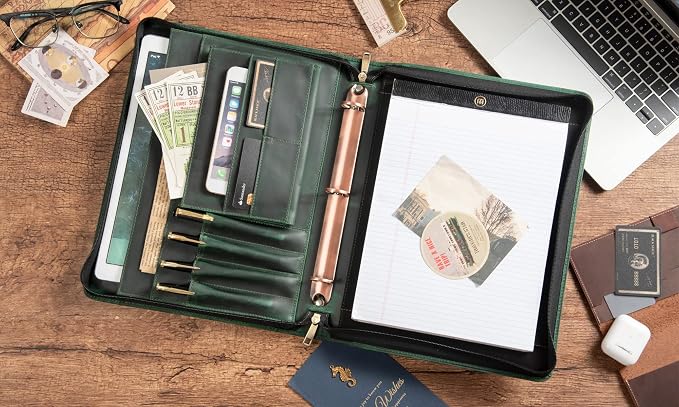 AZXCG Genuine Leather Portfolio Binder for Men& Women,Portfolio Organizer with Zipper,Leather 3 Ring Binder for iPad Pro 12.9,Business Portfolio for Men,Gift for Father's Day