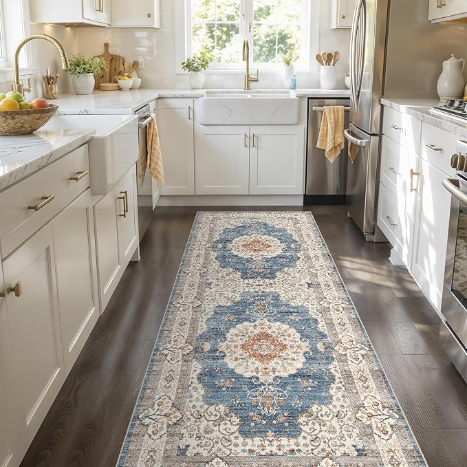 2x5 Washable Hallway Runner Rug:Oriental Indoor Kitchen Rugs Vintage Door Mat Non Slip with Rubber Backing Low Pile Thin Carpet for Bedroom Bathroom Living Room Bedside (2x5 Blue/Beige)