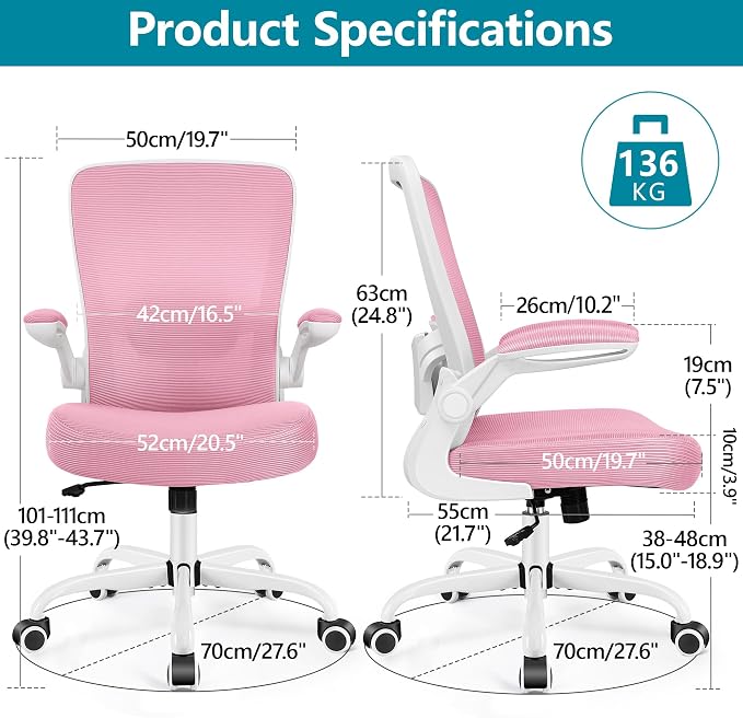 FelixKing Office Chair, Ergonomic Desk Chair Breathable Mesh Chairs Adjustable High Back Lumbar Support Flip-up Armrests, Executive Rolling Swivel Comfy Computer Chairs Home Office Pink