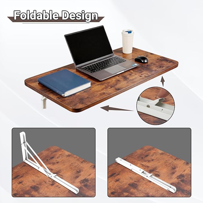 Neoaider Wall Mounted Folding Table 31.5”L x 15.7”W, Laundry Folding Table with Heavy Duty Metal Collapsible Shelf Brackets, Wall Mounted Desk Fold Down for Small Spaces, Brown