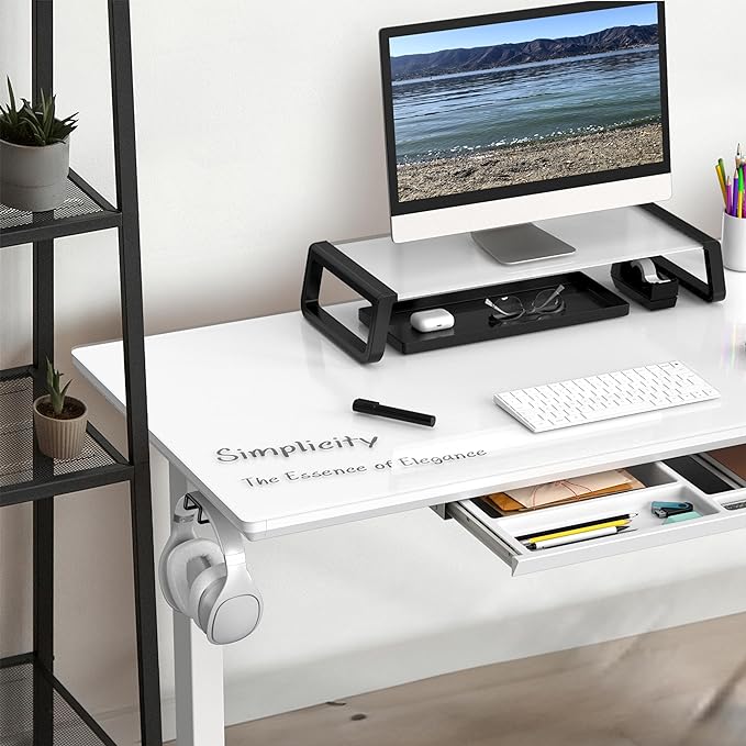 SHW 48-Inch Glass Electric Height Adjustable Standing Desk, White | w/ Monitor Riser | Memory Presets and Cable Management | Drawer with Built-in Compartments | Hanging Hooks