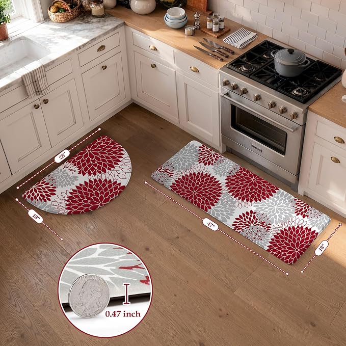 KIMODE Half Circle Anti Fatigue Mats for Kitchen Floor Rug Sets of 2 | 18"x28+18"x47",Red,Half Round,2PCS,Dahlia Floral Boho,Non Slip,Waterproof,for Sink Office Laundry Bathroom Decor