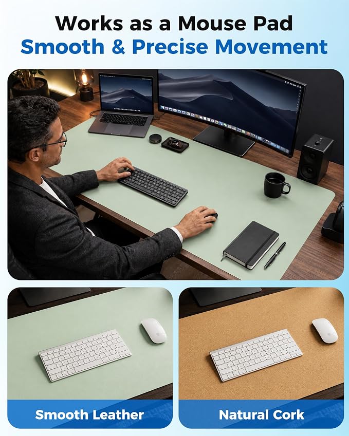 Aothia Double-Sided Desk Pad – 37.8"x17" Leather Desk Mat with Eco Cork Protector, Large Mouse Pad, Waterproof Desk Blotter for Office/Home (Aqua)