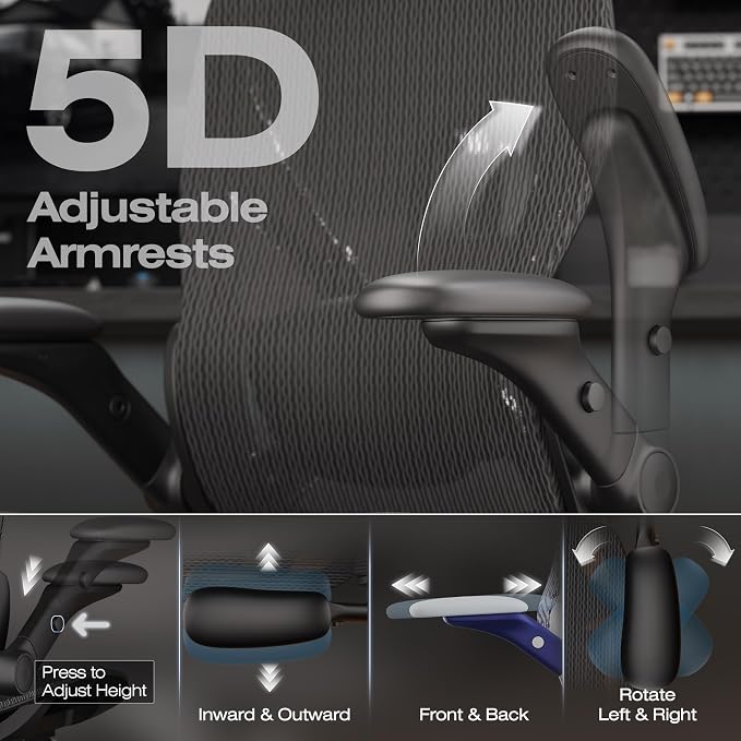 ELABEST X100 Ergonomic Mesh Office Chair with Footrest, Big and Tall Home Desk Chair with 5D Flip-Up Arms, Adjustable 3D Lumbar Support, Gaming & Executive Computer Chair, Night Reaper