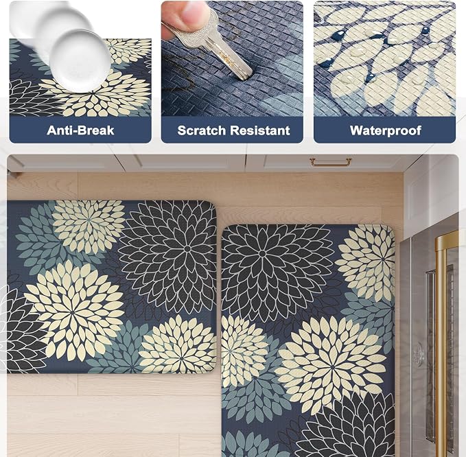 KIMODE Anti Fatigue Mats for Kitchen Floor Comfort Cushioned Rugs Sets of 2 | 20"x32"+20"x47",Blue,Floral Farmhouse, Waterproof,Ergonomic Standing Mat 2PCS,,Non Slip,Kitchen Sink Rug,Laundry Office