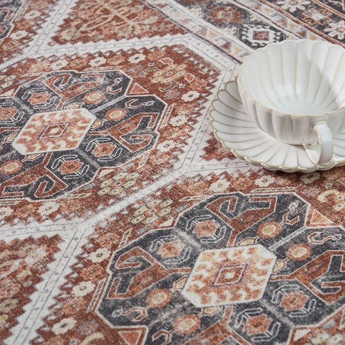 12x15 Area Rug for Living Room: Vintage Oriental Washable Rug for Bedroom Dining Room with Non Slip Rubber Backing Stain Resistant Low Pile Large Carpet Home Office (Brick, 12x15)