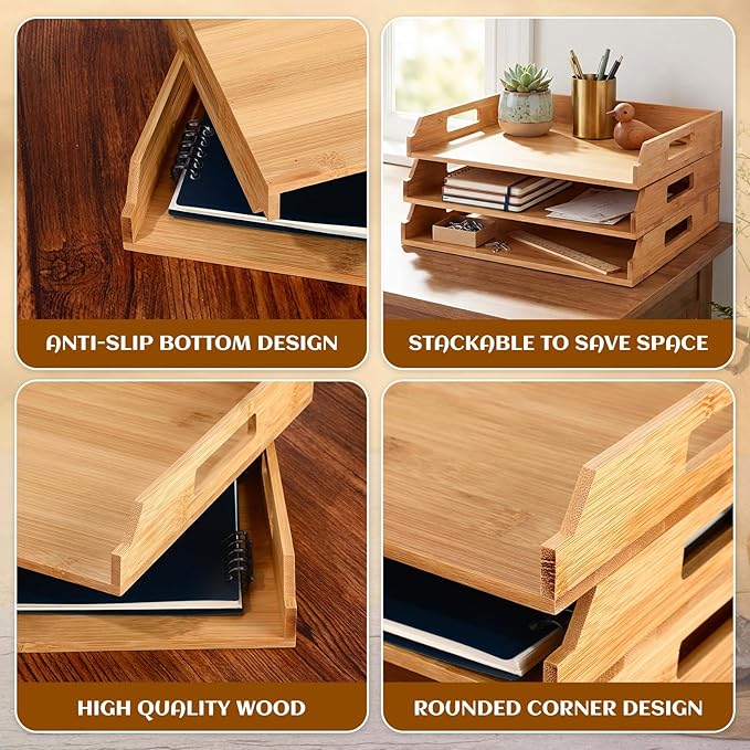 3 Pcs Stackable Paper Tray Bamboo Wood Desk Organizer Letter Tray 3 Tier Wooden File Organizer Desk Shelf for Documents, Letter Sorter, Envelopes and Magazine Holder