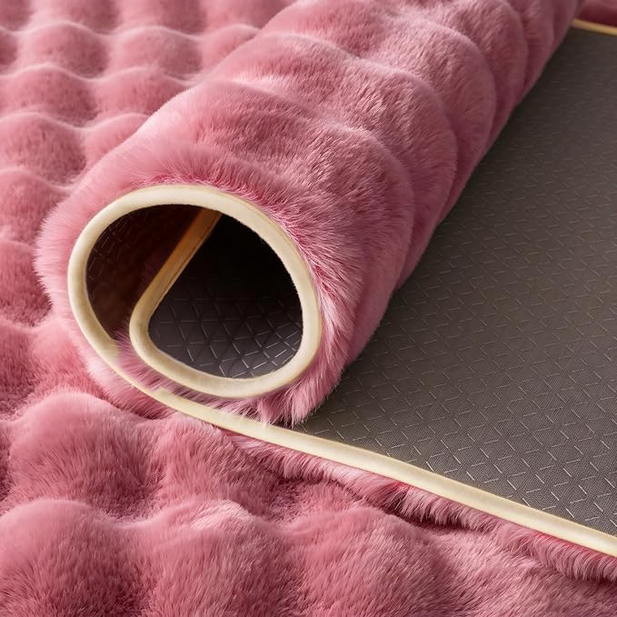Dusty Rose Rabbit Plush Rug 6'x9', Fluffy Faux Fur Shaggy Area Rug for Nursery, Kids Room Decor, Soft Fuzzy Carpet for Living Room, Bedroom, Teen Girls Room