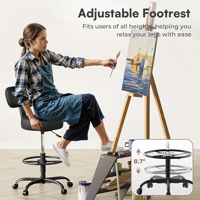 SUPERJARE Drafting Chair with Back, Set of 3, Swivel Barstools, Adjustable Height Rolling Stool with Footrest, Standing Desk Chair for Counter Height Desk, Shop, Home Kitchen, Clinic Studio, All Black
