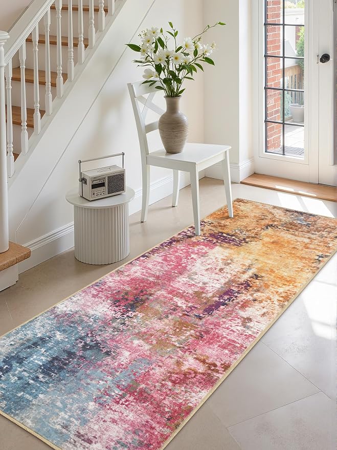 Macgace Washable Abstract Runner Rug, 2x6 Modern Area Rugs with Non-Slip Rubber Backed for Kitchen, Thin but Soft Contemporary Carpet Bedroom Entryway Hallway Decor, Galaxy