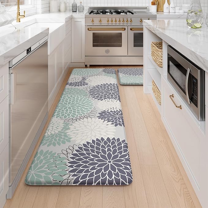 KIMODE Anti Fatigue Kitchen Mats for Floor Cushioned Kitchen Rugs Sets of 2 | 17"x59"+17"x29",Floral,Cyan,Non-slip,Waterproof,Kitchen Runner Rug,Comfort Foam Paded Mat for Floors Office Laundry Sink
