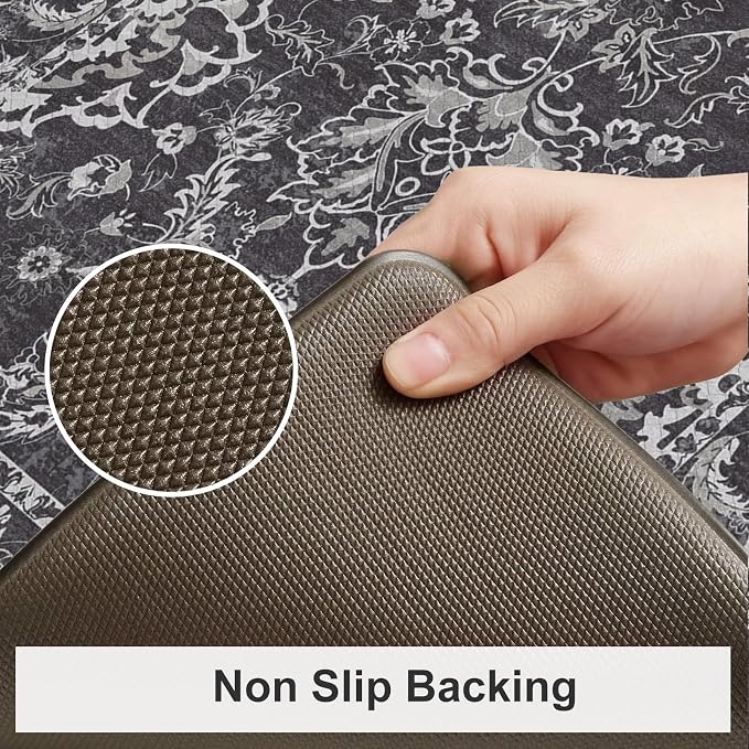 KIMODE Comfort Kitchen Mats for Floor Cushioned Anti Fatigue 2 Piece,Boho Floral Kitchen Rugs Non Slip,Waterproof Memory Foam Kitchen Mat Carpet for Laundry Office Home,Dark Grey 17"x29.5"+17" x47”