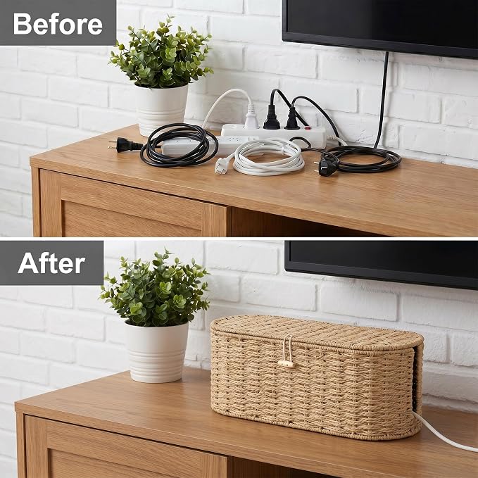 Set of 2 Cable Management Box, Handwoven Cord Hider Box with 3 Open Slots | Cable Organizer Box with Lockable Lid, Cord Storage Box to Hide Power Strip, Router, USB Hub, TV Wires for Home, Office