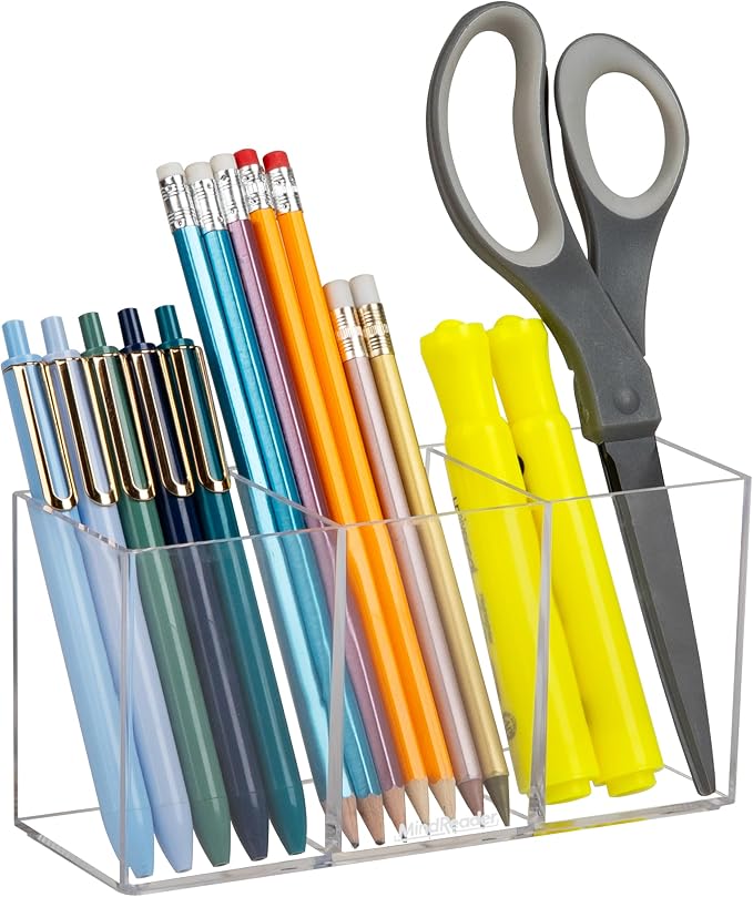 Mind Reader Pen and Accessories Holder, Desktop Organizer, Makeup Organizer, Office, Acrylic, 7"L x 2.5"W x 3.5"H, Clear